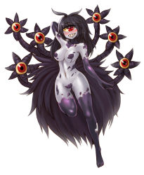 Rule 34 | 1girl, absurdly long hair, absurdres, black hair, blush, breasts, cleavage, colored sclera, colored skin, commission, cyclops, extra eyes, floating, full body, gazer (monster girl encyclopedia), grey skin, highres, large breasts, long hair, looking at viewer, monster girl, monster girl encyclopedia, navel, one-eyed, parted lips, red eyes, simple background, smile, solo, sookmo, tail, teeth, tentacles, very long hair, white background, yellow sclera