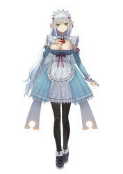 Rule 34 | 1girl, absurdres, apron, ascot, black footwear, black pantyhose, blue dress, breasts, cleavage, closed mouth, copyright request, dress, frilled dress, frills, full body, green eyes, hair ornament, hand on own chest, hand up, highres, large breasts, long hair, long sleeves, looking at viewer, maid, maid headdress, original, pantyhose, pointy ears, protected link, shoes, simple background, smile, solo, standing, waist apron, white apron, white background, white hair, yoon cook