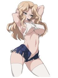 Rule 34 | 10s, 1girl, arms up, blonde hair, breasts, gemu555, girls und panzer, green eyes, hair intakes, kay (girls und panzer), large breasts, long hair, midriff, navel, short shorts, shorts, simple background, solo, tank top, thighhighs, torn clothes, underboob, white background, white thighhighs