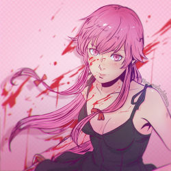 Rule 34 | 1girl, bare shoulders, black dress, blood, bow, breasts, cleavage, collarbone, dress, gasai yuno, hair bow, holding, koyorin, long hair, looking at viewer, mirai nikki, pink eyes, pink hair, solo, twintails, weapon
