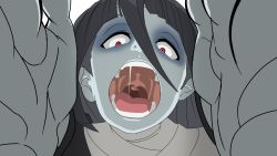 Rule 34 | 10s, 1girl, bandaged neck, bandages, black hair, blue skin, colored skin, hair between eyes, highres, incoming attack, long hair, looking at viewer, open mouth, pettan, pov, red eyes, saliva, simple background, solo, teeth, tongue, upper body, uvula, white background, yamada tae, zombie, zombie girl, zombie land saga