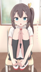 Rule 34 | 1girl, black skirt, black socks, blue eyes, blurry, blurry background, bow, brown hair, cameltoe, cleft of venus, collared shirt, commentary request, depth of field, hair between eyes, hair ornament, hair ribbon, hairclip, highres, hugging own legs, indoors, knees up, long hair, looking at viewer, on chair, original, panties, pleated skirt, red bow, ribbed socks, ribbon, school uniform, shirt, shoes, short sleeves, side ponytail, sitting, skirt, socks, solo, takasuma hiro, translated, underwear, uwabaki, white footwear, white panties, white shirt, window, yellow ribbon