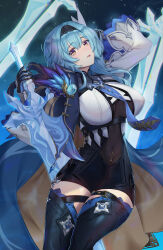 Rule 34 | 1girl, alternate breast size, arm up, ayi01, black hairband, blue background, blue cape, blue hair, blue necktie, boots, breasts, cape, chest harness, covered navel, cowboy shot, crystal sword, eula (genshin impact), genshin impact, gradient background, greatsword, hairband, hand up, harness, high-waist shorts, highres, holding, holding sword, holding weapon, large breasts, light particles, long sleeves, looking at viewer, medium hair, necktie, parted lips, purple eyes, shorts, solo, sword, thigh boots, thigh gap, vision (genshin impact), weapon, white sleeves, wide sleeves