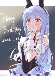 Rule 34 | 1girl, alternate costume, alternate hairstyle, ama (ama ekaku), animal ears, bare shoulders, black dress, blue hair, blue skirt, blunt bangs, blush, closed mouth, commentary, dated, detached sleeves, dress, frilled skirt, frills, hands on own chin, happy birthday, highres, hololive, idol clothes, lens flare, long hair, multicolored hair, orange eyes, puffy short sleeves, puffy sleeves, rabbit-shaped pupils, rabbit ears, rabbit girl, short eyebrows, short sleeves, sidelocks, skirt, smile, solo, symbol-shaped pupils, thick eyebrows, two-tone hair, upper body, usada pekora, virtual youtuber, white hair, wrist cuffs