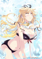 Rule 34 | 1girl, ^ ^, ass, bent over, bikini, black bikini, blonde hair, blush, bow, breasts, c:, cleavage, closed eyes, commentary request, hair bow, hair flaps, hair ribbon, in water, kantai collection, large breasts, long hair, midriff, mikage takashi, navel, ocean, ribbon, scarf, sidelocks, smile, solo, swimsuit, untied bikini, white scarf, yuudachi (kancolle), yuudachi kai ni (kancolle)