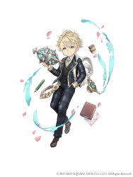 Rule 34 | 1boy, absurdres, aged down, aladdin (sinoalice), bag, black vest, blonde hair, blue eyes, child, eraser, eyes visible through hair, full body, hand in pocket, highres, jacket, jewelry, ji no, charm (object), kindergarten bag, loafers, looking at viewer, necktie, notebook, official art, oil lamp, pants, pencil, petals, plaid, plaid jacket, plaid pants, ring, shoes, sinoalice, smile, solo, square enix, vest, white background
