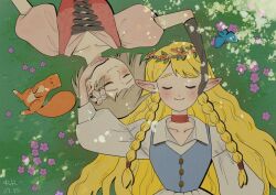 Rule 34 | 2girls, alternate costume, artist name, blonde hair, blue butterfly, blush, braid, bug, butterfly, chinese commentary, closed eyes, closed mouth, collared dress, commentary request, dated, dress, dungeon meshi, elf, flower, from above, grass, hair flower, hair ornament, hand on another&#039;s face, head wreath, highres, insect, long hair, long sleeves, lying, marcille donato, multiple girls, nicole (nicoleyangwenyi), on back, on grass, outdoors, pink flower, pointy ears, puffy short sleeves, puffy sleeves, red dress, rotational symmetry, short hair, short sleeves, smile, twin braids, very long hair