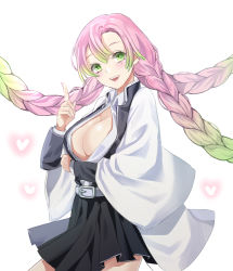 Rule 34 | 1girl, belt, braid, breasts, gradient hair, green eyes, haori, heart, japanese clothes, kanroji mitsuri, kimetsu no yaiba, kusunokinawate, large breasts, long hair, looking at viewer, md5 mismatch, mole, mole under eye, multicolored hair, multiple braids, open clothes, open mouth, pink hair, resolution mismatch, source smaller, teeth, upper body, white background