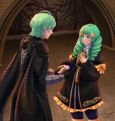 Rule 34 | 1boy, 1girl, absurdres, armor, black gloves, blush, byleth (fire emblem), byleth (male) (fire emblem), cape, dress, drill hair, fire emblem, fire emblem: three houses, flayn (fire emblem), garreg mach monastery uniform, gloves, greaves, green eyes, green hair, hair ornament, hand on own chest, highres, holding hands, jewelry, namonakiarts, nintendo, pantyhose, ring, short hair, smile, standing, wedding ring
