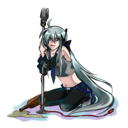 Rule 34 | 1girl, bottle, crop top, detached sleeves, drunk, headphones, long hair, microphone, microphone stand, midriff, mishima (pikaco), navel, red eyes, sidelocks, silver hair, solo, spill, tattoo, unplugged, very long hair, vocaloid, yowane haku