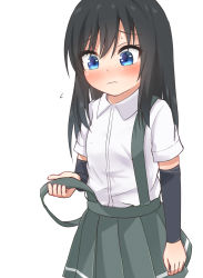 Rule 34 | 1girl, arm warmers, asashio (kancolle), black hair, blue eyes, comiching, commentary request, cowboy shot, flying sweatdrops, grey skirt, highres, holding, kantai collection, long hair, pleated skirt, school uniform, shirt, short sleeves, simple background, skirt, solo, suspender skirt, suspenders, white background, white shirt