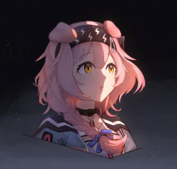 Rule 34 | 1girl, absurdres, arknights, black collar, black hairband, blue bow, bow, braid, collar, collarbone, commentary request, cropped torso, goldenglow (arknights), grey jacket, hair between eyes, hair bow, hair over shoulder, hairband, highres, jacket, lightning bolt symbol, long hair, looking away, open clothes, open jacket, parted lips, pink hair, shirt, shoshu, single braid, solo, upper body, white shirt, yellow eyes