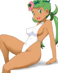 Rule 34 | 1girl, :d, alternate costume, bare arms, bare legs, bare shoulders, blush stickers, breasts, casual one-piece swimsuit, covered erect nipples, covered navel, creatures (company), dark-skinned female, dark skin, feet out of frame, flower, game freak, green eyes, green hair, hair flower, hair ornament, headband, highleg, highleg swimsuit, looking at viewer, mallow (pokemon), medium breasts, nintendo, one-piece swimsuit, open mouth, pokemon, pokemon (anime), pokemon sm (anime), round teeth, sideboob, simple background, sitting, smile, solo, swept bangs, swimsuit, tareme, teeth, thighs, tof, white background, white one-piece swimsuit