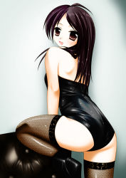 Rule 34 | ass, black hair, brown eyes, couch, fishnet thighhighs, fishnets, hiyou jun, leotard, long hair, looking back, solo, thighhighs