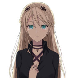 Rule 34 | 1girl, aono (aonocrotowa), bad id, bad twitter id, blonde hair, blue eyes, braid, crying, crying with eyes open, earrings, eiyuu densetsu, elaine auclair, french braid, highres, jewelry, kuro no kiseki, long hair, looking at viewer, necklace, portrait, simple background, solo, tears, upper body, white background