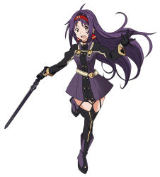 Rule 34 | 1girl, ahoge, black gloves, black thighhighs, boots, brown eyes, floating hair, full body, gloves, hedband, holding, holding sword, holding weapon, long hair, one eye closed, open mouth, ponpon, purple footwear, purple hair, solo, standing, standing on one leg, sword, sword art online, thighhighs, very long hair, weapon, yuuki (sao)