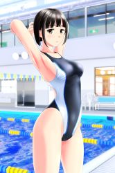 Rule 34 | 1girl, absurdres, armpits, arms behind head, bench, black hair, black one-piece swimsuit, blunt bangs, brown eyes, competition swimsuit, cowboy shot, highres, indoors, lane line, looking at viewer, multicolored clothes, multicolored swimsuit, one-piece swimsuit, original, pool, short hair, solo, standing, swimsuit, takafumi, two-tone swimsuit