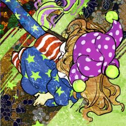 Rule 34 | 1girl, abstract background, american flag, american flag dress, american flag pants, american flag print, blonde hair, clownpiece, commentary request, dress, flower, from above, hat, highres, jester cap, kaigen 1025, leg up, long hair, neck ruff, pantyhose, polka dot, polka dot headwear, print pants, purple hat, sitting, star (symbol), star print, striped clothes, striped dress, striped pantyhose, touhou