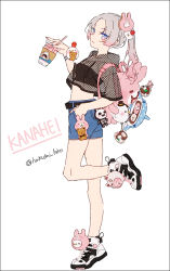 Rule 34 | 1girl, backpack, bag, blue nails, blue shorts, closed mouth, crop top, cup, denim, denim shorts, disposable cup, drinking straw, full body, gradient hair, grey hair, hakusai (tiahszld), hand in pocket, holding, holding cup, hood, hood down, hoodie, light smile, long hair, multicolored hair, nail polish, original, parted bangs, pink eyes, pink hair, pink nails, ponytail, see-through, see-through sleeves, shoes, short shorts, short sleeves, shorts, solo, standing, standing on one leg, twitter username, white background, white footwear