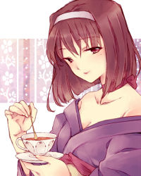 Rule 34 | 00s, 1girl, breasts, brown hair, choker, cleavage, collarbone, cup, floral background, hairband, holding, holding spoon, japanese clothes, kanzaki sumire, kimono, light smile, lips, looking at viewer, mole, mole under eye, obi, red eyes, red ribbon, ribbon, ribbon choker, sakura taisen, sash, saucer, solo, spoon, stirring, tea, teacup, wato