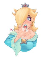 Rule 34 | absurdres, bare shoulders, blonde hair, blue lips, blue nails, blush, breath, brooch, collarbone, crown, dress, earrings, eyeshadow, fellatio gesture, hair over one eye, heart, heart-shaped pupils, highres, jewelry, long sleeves, looking at viewer, makeup, mario (series), nagainosfw, nail polish, nintendo, open mouth, rosalina, super mario galaxy, symbol-shaped pupils, white background
