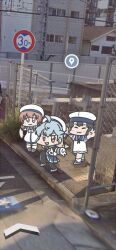 Rule 34 | 3girls, :3, ahoge, black hair, blue hair, blue neckerchief, blue sailor collar, blue skirt, bow, brown eyes, brown hair, chibi, commentary request, daitou (kancolle), dress, ferret-san, gloves, hair rings, hat, high school girls posing for google street view (meme), kaiboukan no. 4 (kancolle), kantai collection, low twintails, meme, multiple girls, neckerchief, photo background, pleated skirt, sado (kancolle), sailor collar, sailor dress, sailor hat, shirt, short hair, short sleeves, skirt, sleeveless, sleeveless shirt, twintails, undershirt, white dress, white gloves, white hat, yellow bow