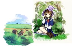 Rule 34 | 1girl, capelet, fence, grass, tucking hair, hat, house, leaf, makuwauri, nature, outdoors, rural, shoes, sketch, tree, well