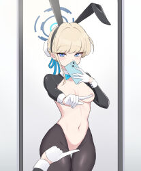 Rule 34 | 1girl, animal ears, aqua bow, aqua bowtie, black pantyhose, blonde hair, blue archive, blue eyes, blue hair, blue ribbon, bow, bowtie, braid, breasts, bun cover, cellphone, cleft of venus, commentary request, covering crotch, covering nipples, covering own mouth, covering privates, detached collar, fake animal ears, faruko, french braid, full-length mirror, gloves, hair bun, hair ribbon, half gloves, halo, highres, holding, holding phone, medium breasts, meme, meme attire, mirror, multicolored hair, narrowed eyes, navel, nipple slip, nipples, one finger selfie challenge (meme), pantyhose, phone, pov, pussy, pussy peek, rabbit ears, reflection, reverse bunnysuit, reverse outfit, ribbon, shrug (clothing), smartphone, solo, standing, stomach, streaked hair, thigh gap, toki (blue archive), white gloves