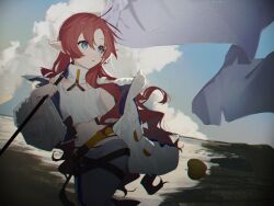 Rule 34 | 1girl, apple, arknights, blue eyes, blue sky, cloud, commentary request, cowboy shot, crop top, flag, food, fruit, highres, holding, holding flag, jacket, long hair, long sleeves, looking afar, motamo (motamotri), myrtle (arknights), ocean, off shoulder, open clothes, open jacket, open mouth, outdoors, pointy ears, red hair, shorts, sky, solo, water, white jacket, white shorts