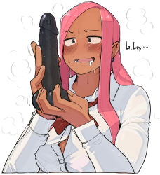 Rule 34 | 1girl, blue eyes, blush, breasts, collared shirt, dark-skinned female, dark skin, dildo, dress shirt, drooling, earrings, english text, forehead, heavy breathing, highres, holding, holding sex toy, jewelry, long hair, medium breasts, ohasi, open mouth, original, pink (ohasi), pink hair, red ribbon, ribbon, sanpaku, school uniform, sex toy, sexually suggestive, shirt, simple background, solo, sweat, upper body, white background, white shirt