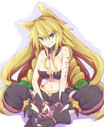 Rule 34 | 1girl, animal ears, bare shoulders, blonde hair, breasts, character request, cleavage, closed mouth, collarbone, eyebrows, fox ears, green eyes, long hair, looking at viewer, majo to hyakkihei, medium breasts, metallica (majo to hyakkihei), navel, sitting, smile, solo, thick eyebrows, yonaga san