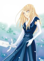 Rule 34 | 1girl, blind, blonde hair, claymore (series), claymore (sword), dress, elbow gloves, galatea, gloves, ichigowish, long hair, no pupils, nun, solo, sword, weapon, white gloves