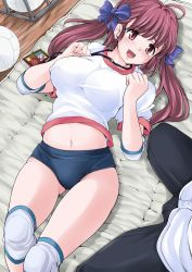 Rule 34 | 1girl, bad id, bad pixiv id, bed, blush, breasts, buruma, cleavage, endou masatoshi, female focus, gym uniform, highres, knee pads, large breasts, lying, midriff, navel, on back, open mouth, red eyes, red hair, short twintails, smile, solo, twintails