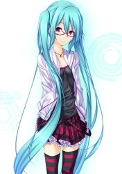Rule 34 | 1girl, aqua hair, ayatudura, glasses, hatsune miku, jewelry, kocchi muite baby (vocaloid), long hair, necklace, project diva (series), project diva 2nd, red eyes, skirt, smile, solo, striped clothes, striped thighhighs, thighhighs, twintails, very long hair, vocaloid