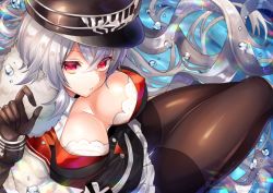Rule 34 | 1girl, absurdly long hair, aoi sana, azur lane, bad id, bad pixiv id, black gloves, black pantyhose, bra, breasts, cleavage, clothes lift, from above, fur trim, gloves, graf zeppelin (azur lane), hair between eyes, hat, large breasts, long hair, looking at viewer, looking back, military, military uniform, miniskirt, pantyhose, parted lips, peaked cap, pleated skirt, red eyes, silver hair, skirt, skirt lift, solo, underwear, uniform, very long hair, water drop, white bra, white skirt