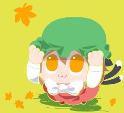 Rule 34 | 1girl, :3, animal ears, autumn leaves, bkub, cat ears, cat tail, chen, hands on headwear, looking at viewer, looking up, multiple tails, nekomata, ribbon, simple background, solo, tail, touhou