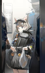 Rule 34 | 1girl, 2others, almond (arknights), animal ears, arknights, bag, black gloves, blue eyes, blue shirt, blush, can, computer, computer tower, dog ears, dog girl, dog tail, drink can, elevator, fingerless gloves, gloves, grey hair, grey skirt, grocery bag, highres, holding, holding bag, looking down, multiple others, shirt, shopping bag, short hair, skirt, solo focus, surprised, tail, visor cap, zhili xingzou