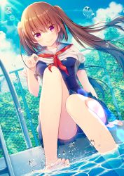 Rule 34 | 1girl, arm support, azu torako, barefoot, blue one-piece swimsuit, blue skirt, blue sky, blush, breasts, brown hair, chain-link fence, closed mouth, clothes lift, cloud, commentary request, day, dutch angle, fang, fang out, feet, fence, fingernails, hair between eyes, highres, lifting own clothes, long hair, looking at viewer, medium breasts, moe2018, mole, mole under eye, neckerchief, one-piece swimsuit, original, outdoors, pleated skirt, pool, pool ladder, poolside, puffy sleeves, red neckerchief, school swimsuit, school uniform, serafuku, shirt, shirt lift, sitting, skirt, sky, smile, soaking feet, solo, sunlight, swimsuit, swimsuit under clothes, toes, twintails, very long hair, water, water drop, white shirt