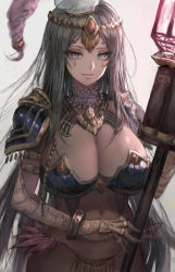 Rule 34 | 1girl, bad id, bad twitter id, black hair, breasts, caster of the nocturnal castle, dark skin, dark-skinned female, fate/grand order, fate (series), hisabosi, jewelry, large breasts, long hair, looking at viewer, scheherazade (fate), simple background, solo, veil, very long hair