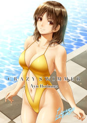 Rule 34 | 1girl, breasts, casual one-piece swimsuit, checkered floor, cleavage, clothing cutout, collarbone, commentary request, cowboy shot, highleg, highleg swimsuit, large breasts, lioreo, looking at viewer, navel, navel cutout, one-piece swimsuit, original, pool, poolside, solo, standing, swimsuit, water, yellow one-piece swimsuit