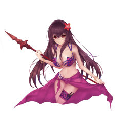 Rule 34 | 1girl, absurdres, alternate costume, bare shoulders, bikini, bracelet, breasts, cleavage, clothes lift, collarbone, fate/grand order, fate (series), flower, gae bolg (fate), hair flower, hair intakes, hair ornament, hibiscus, highres, holding, holding weapon, jewelry, kkieut, kunai, large breasts, bridal garter, legs together, lifting own clothes, navel, pink bikini, purple bikini, purple hair, purple sarong, red eyes, sarong, sarong lift, scathach (fate), scathach (fate), scathach (fate/grand order), scathach (swimsuit assassin) (fate), simple background, smile, solo, swimsuit, weapon, white background