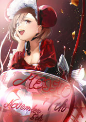 Rule 34 | 1girl, anniversary, arm support, ayamori mimi, bent over, black background, bonnet, bow, breasts, brown eyes, brown hair, cleavage, commentary, cup, dated, dress, drinking glass, earrings, head rest, highres, jewelry, lipstick, looking at viewer, makeup, meiko (vocaloid), nail polish, open mouth, oversized object, red dress, red headwear, red nails, reflection, short hair, signature, smile, solo, sparkle, standing, standing on liquid, vocaloid, white bow, wine glass