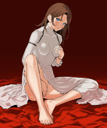 Rule 34 | 1girl, absurdres, ass, barefoot, blue eyes, blush, bracelet, breasts, brown hair, covering crotch, covering privates, drag-on dragoon, dress, furiae, highres, jewelry, long hair, looking at viewer, rasupekuto, sitting, solo, spread legs, sweat, torn clothes, turtleneck, turtleneck dress, white dress