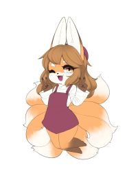 Rule 34 | 1girl, animal ears, apron, blush, brown eyes, brown hair, chibi, double v, fang, fox ears, fox tail, full body, furry, furry female, highres, jupiter europe, long sleeves, looking at viewer, one eye closed, open mouth, original, smile, solo, tail, v