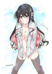 Rule 34 | 1girl, :d, black hair, black thighhighs, blue background, blush, bottomless, breasts, cleavage, collarbone, drawstring, feet out of frame, grey eyes, grin, groin, hairband, hands in pockets, hood, hood down, hoodie, kantai collection, large breasts, leaning forward, legs apart, long hair, long sleeves, mikage takashi, multicolored hair, naganami (kancolle), naganami kai ni (kancolle), naked hoodie, navel, no bra, no panties, open clothes, open hoodie, open mouth, pink hair, smile, solo, standing, stomach, teeth, thighhighs, two-tone hair, unzipped, very long hair, wavy hair, zipper
