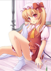 Rule 34 | 1girl, bed, blonde hair, blush, bonnet, feet, female focus, flandre scarlet, hat, mob cap, no shoes, nullken, panties, pillow, red eyes, ribbon, short hair, socks, solo, touhou, underwear, wings