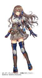 Rule 34 | 1girl, armor, belt, blue thighhighs, blush, boots, border break, braid, brown hair, company name, copyright name, covered navel, cross-laced footwear, detached sleeves, french braid, full body, gloves, green eyes, hair ornament, knee pads, lace-up boots, long hair, looking at viewer, madogawa, multicolored hair, official art, orange hair, original, pauldrons, pleated skirt, shoulder armor, simple background, skirt, smile, solo, streaked hair, thighhighs, white background