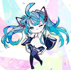 Rule 34 | 1girl, 3:, ahoge, black footwear, black skirt, black sleeves, blue eyes, blue hair, blush, boots, chibi, detached sleeves, floating hair, hands up, hatsune miku, highres, knees together feet apart, one eye closed, pleated skirt, skirt, solo, standing, standing on one leg, tanarei, thigh boots, twintails, twintails day, vocaloid