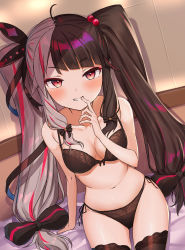 Rule 34 | 1girl, absurdres, ahoge, arm support, bare arms, bare shoulders, black bow, black bra, black hair, black panties, black thighhighs, blush, bow, bow bra, bow panties, bra, breasts, cleavage, collarbone, finger to mouth, grey hair, grin, hair bobbles, hair bow, hair ornament, hand up, highres, indoors, long hair, looking at viewer, medium breasts, multicolored hair, navel, nijisanji, panties, red eyes, red hair, side-tie panties, sitting, smile, solo, split-color hair, streaked hair, thighhighs, twintails, two-tone hair, underwear, underwear only, v-shaped eyebrows, very long hair, virtual youtuber, yorumi rena, yotsugi