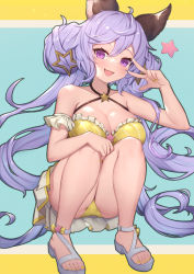 Rule 34 | 1girl, absurdly long hair, ahoge, animal ears, ass, bare shoulders, breasts, cleavage, collarbone, commentary request, double bun, erune, granblue fantasy, hair bun, halterneck, highres, large breasts, light purple hair, long hair, looking at viewer, low twintails, nail polish, open mouth, purple eyes, purple hair, revision, sandals, satyr (granblue fantasy), smile, solo, squatting, star (symbol), swimsuit, thighs, toenail polish, toenails, toes, twintails, uneg, very long hair, w, yellow nails